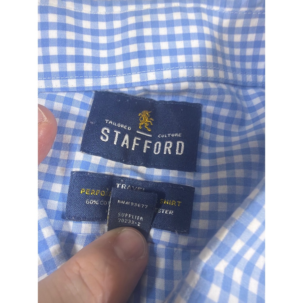 Stafford Mens Blue Gingham Travel Performance Super Shirt 18 36-37 Regular Fit - Picture 2 of 8
